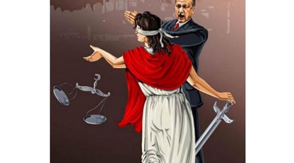 الرئيس التركي رجب طيب أردوغان ورمز العدالة العمياء (زمان التركية)