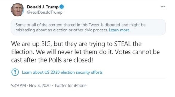 تغريدة الرئيس الأمريكي ترامب عن سرقة الانتخابات (تويتر)